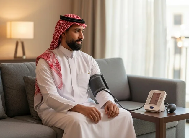 رجل سعودي يقيس ضغط الدم بجهاز إلكتروني في منزله