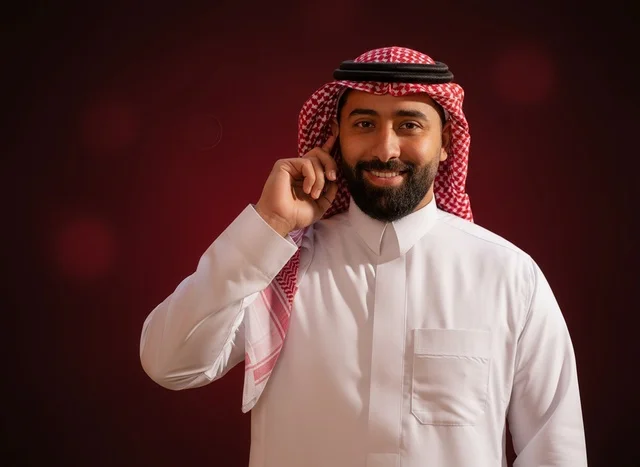 رجل سعودي مبتسم بالزي التقليدي والثوب الأبيض والشماغ