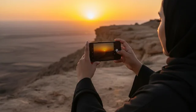 امرأة سعودية تصور غروب الشمس في الصحراء