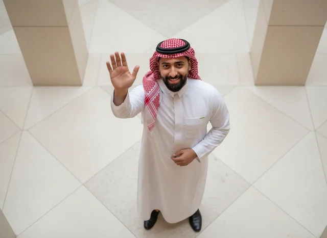 رجل سعودي بالزي التقليدي يلوح من زاوية علوية داخل مبنى