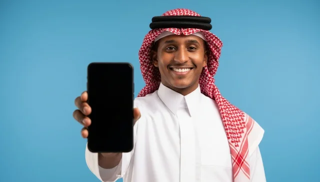 Saudi Man Holding Smartphone Blank Screen Portrait