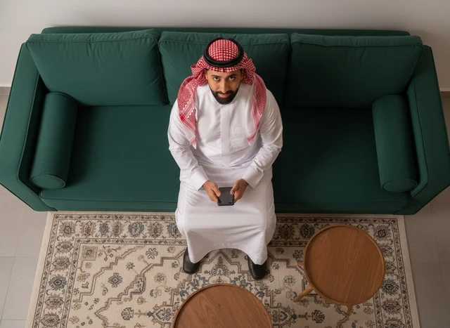 رجل سعودي بالزي التقليدي مع هاتف ذكي على أريكة خضراء