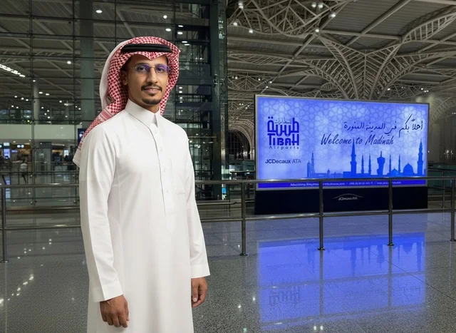 رجل سعودي في مطار المدينة المنورة أمام لوحة الترحيب