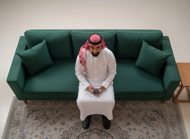 رجل سعودي بالثوب التقليدي يستخدم الجوال على الأريكة