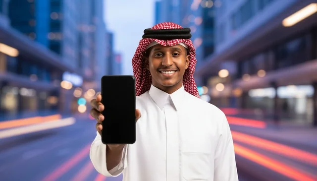Saudi Man Holding Smartphone in Modern City at Night