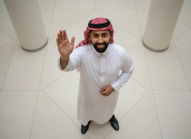 رجل سعودي بالزي التقليدي يلوح بيده من زاوية علوية