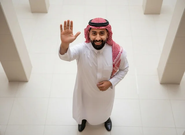 Saudi Man in Traditional Thobe Waving Top View
