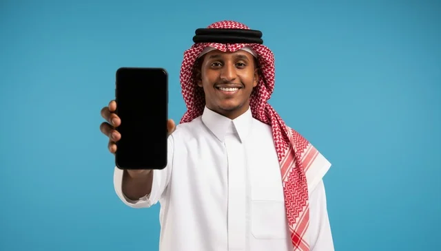رجل سعودي يحمل هاتف ذكي بخلفية زرقاء