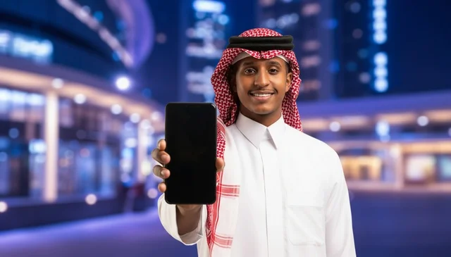 Saudi Man Holding Smartphone Blank Screen Night City