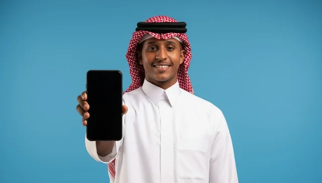 Saudi Man Holding Blank Smartphone Screen Blue Background