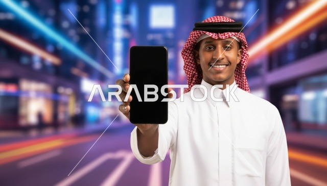 رجل سعودي يمسك هاتف ذكي بشاشة فارغة ليلاً