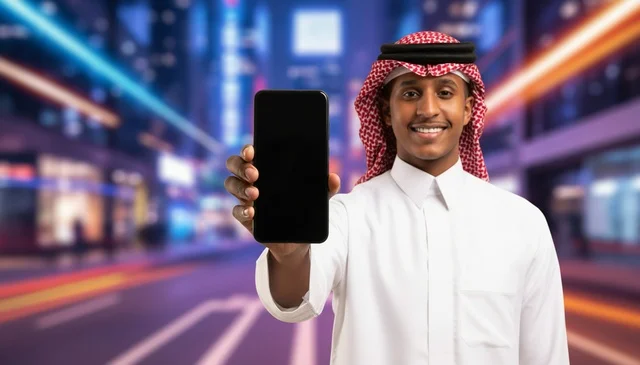 رجل سعودي يمسك هاتف ذكي بشاشة فارغة ليلاً