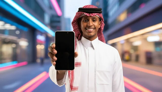Saudi Man Holding Smartphone with Blank Screen