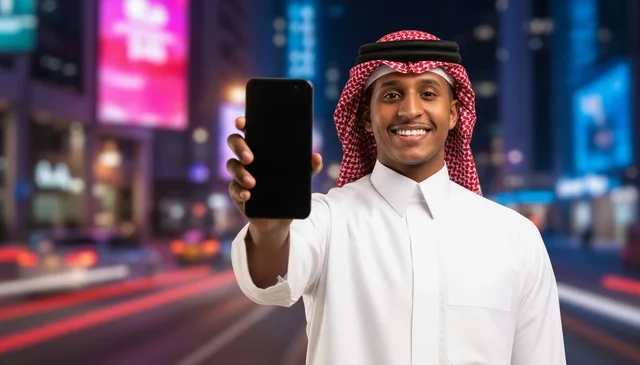 رجل سعودي يمسك هاتف ذكي في مدينة ليلية