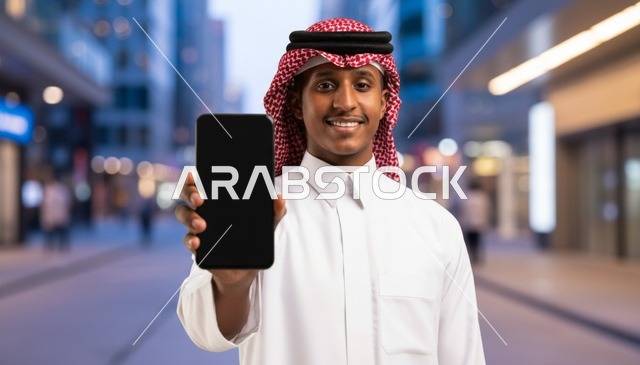 رجل سعودي يحمل هاتف ذكي بشاشة فارغة في بيئة حضرية