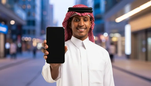 رجل سعودي يحمل هاتف ذكي بشاشة فارغة في بيئة حضرية