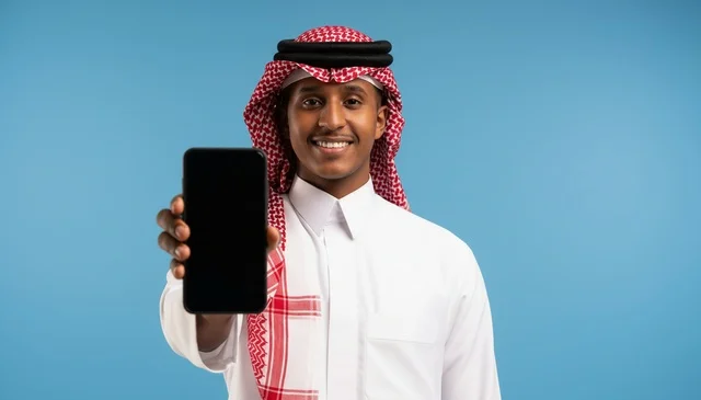 رجل سعودي يحمل هاتفاً ذكياً على خلفية زرقاء