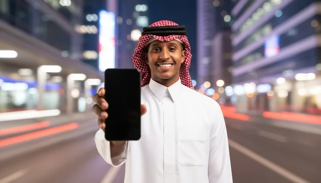 Saudi Man Holding Smartphone with Blank Screen at Night