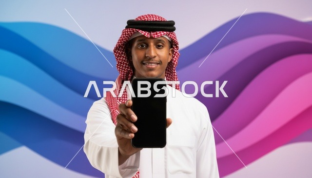 رجل سعودي يمسك هاتف ذكي بشاشة فارغة