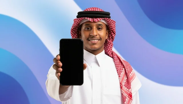Saudi Man Holding Smartphone with Blank Screen Display