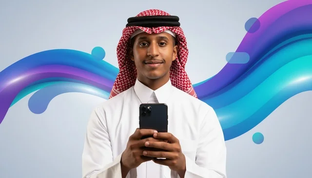 Saudi Man in Traditional Thobe Using Smartphone