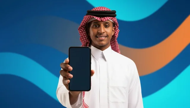 Saudi Man Holding Smartphone with Blank Screen