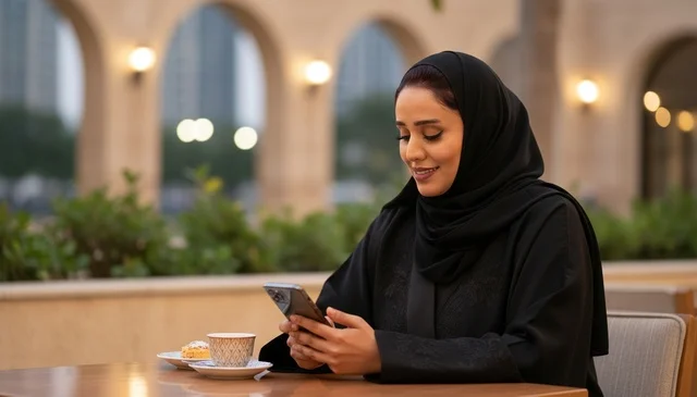Saudi Woman in Abaya Using Smartphone at Cafe