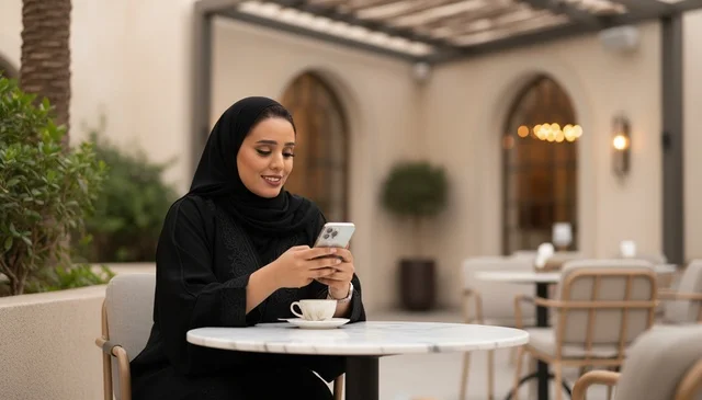 امرأة سعودية بالعباءة تستخدم الهاتف الذكي في مقهى