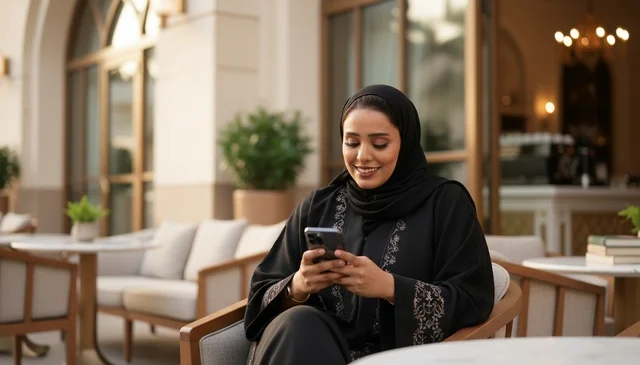 A Saudi woman in an abaya is using a phone in a café.