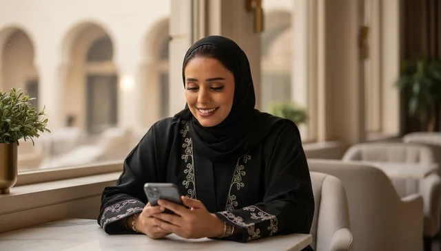 Saudi Woman in Abaya Using Smartphone at Cafe