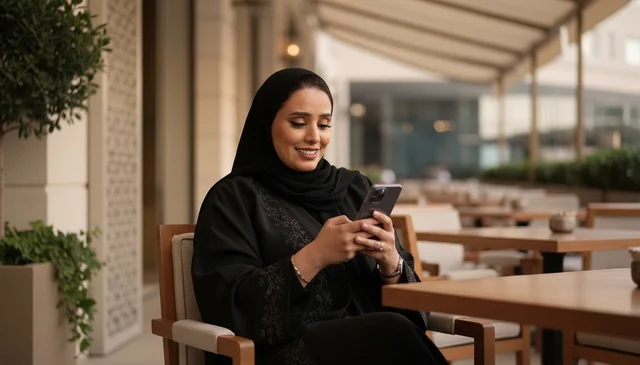امرأة سعودية تستخدم الهاتف الذكي في مقهى خارجي