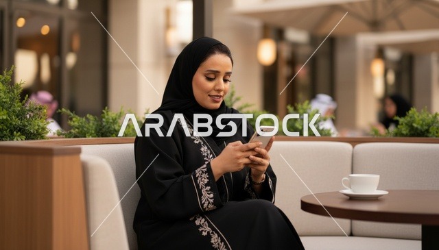 امرأة سعودية تستخدم الهاتف في مقهى خارجي