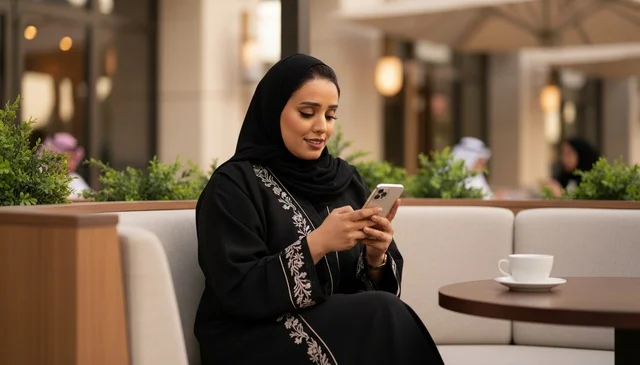 امرأة سعودية تستخدم الهاتف في مقهى خارجي