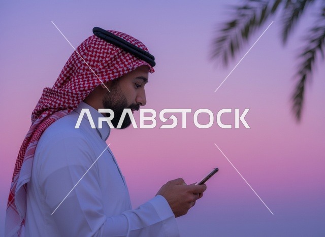 رجل سعودي يستخدم الهاتف الذكي وقت الغروب