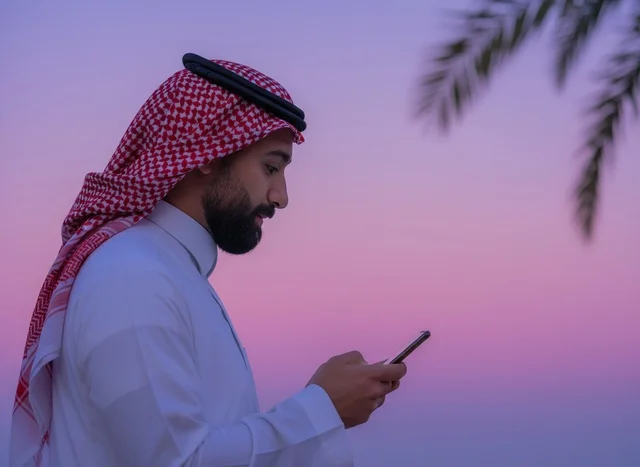 Saudi Man Using Smartphone at Twilight Outdoors