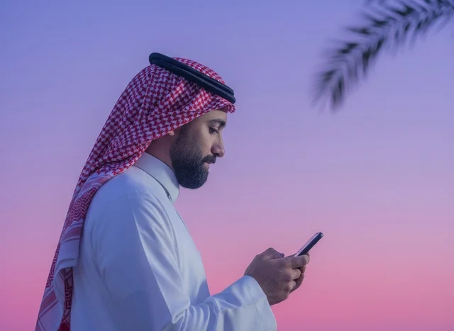 رجل سعودي يستخدم الجوال أمام سماء وقت الغروب