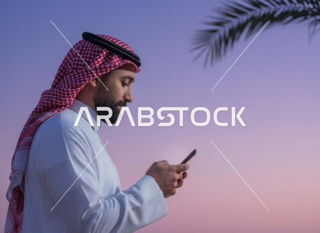 Saudi Man Using Smartphone at Twilight Outdoor