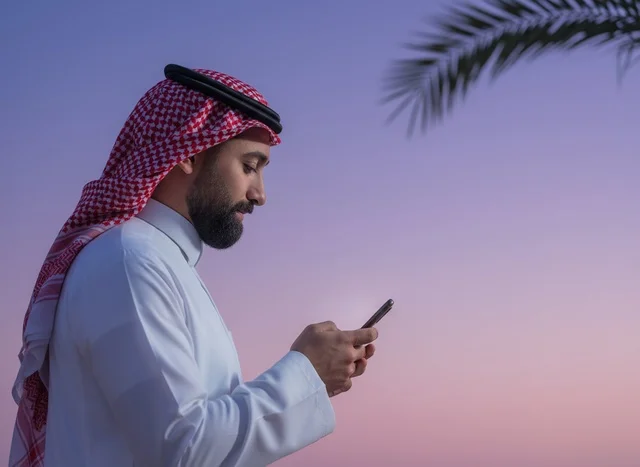 Saudi Man Using Smartphone at Twilight Outdoor