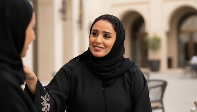 Saudi Woman in Abaya Smiling in Outdoor Courtyard