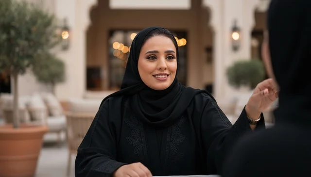 Saudi Woman in Black Abaya at Outdoor Traditional Cafe