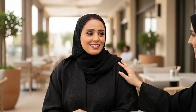 Saudi Woman in Abaya at Outdoor Cafe