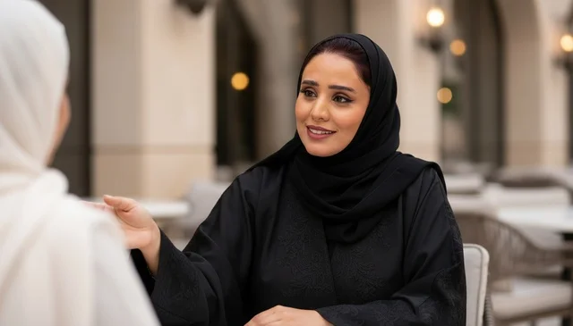 امرأة سعودية بالعباءة تتحدث في مقهى خارجي
