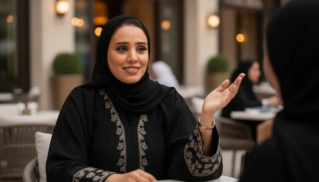 امرأة سعودية بعباءة سوداء تتحدث في مقهى