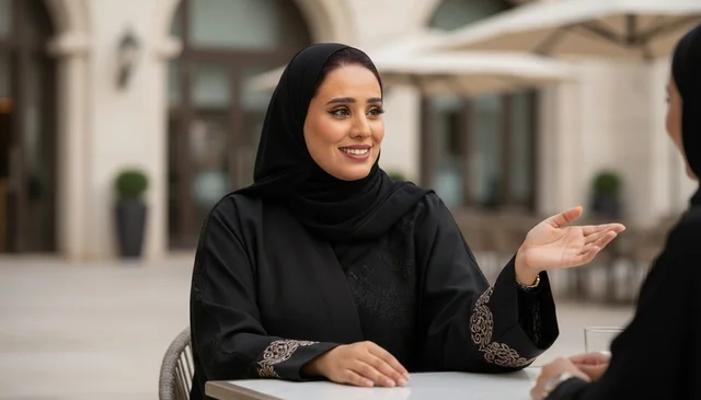 Saudi Woman in Black Abaya Talking at Outdoor Cafe