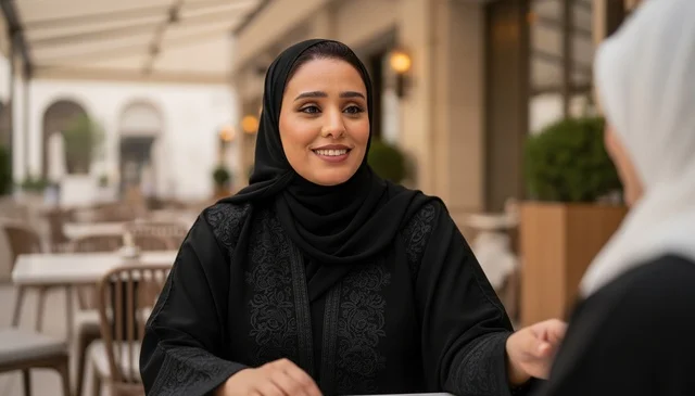 امرأة سعودية مبتسمة في مقهى خارجي بالعباءة