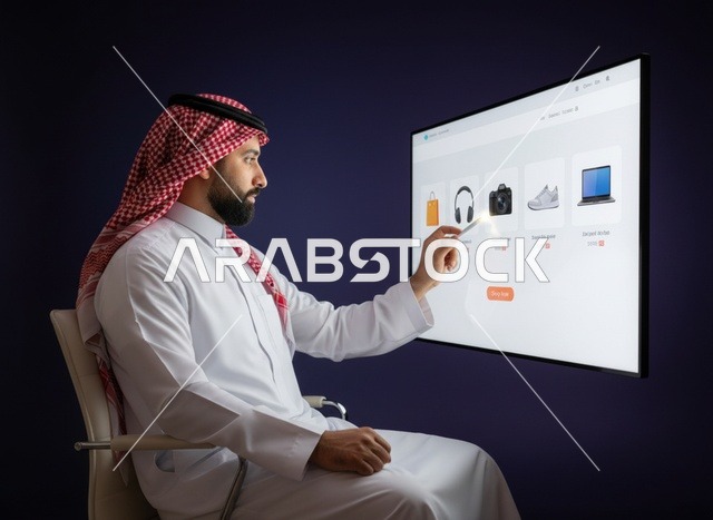 رجل سعودي يستخدم واجهة تجارة إلكترونية على شاشة رقمية