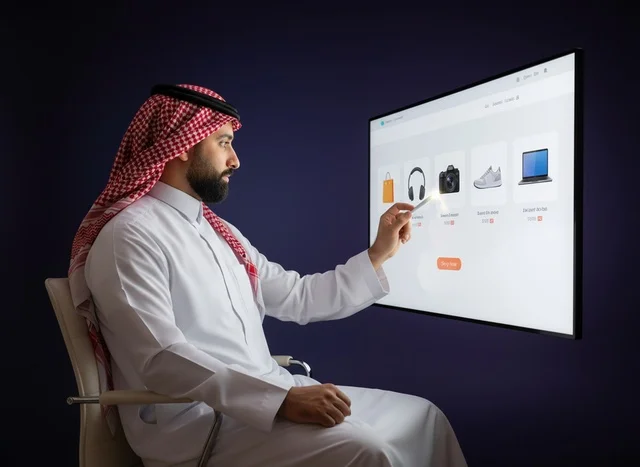 Saudi Man Using E-commerce Interface on Digital Screen