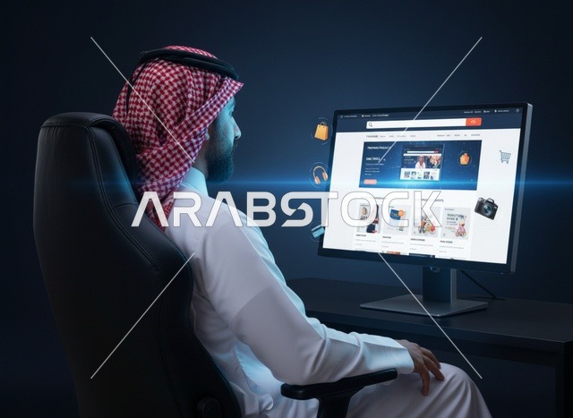 Saudi Man Using E-commerce Website on Computer