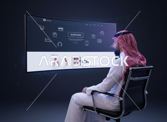رجل سعودي يشاهد واجهة تسوق إلكتروني على شاشة رقمية