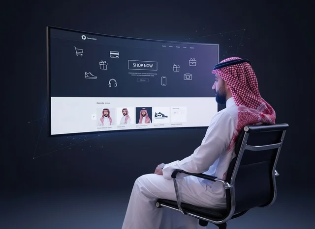 رجل سعودي يشاهد واجهة تسوق إلكتروني على شاشة رقمية رجل سعودي يشاهد واجهة تسوق إلكتروني على شاشة رقمية